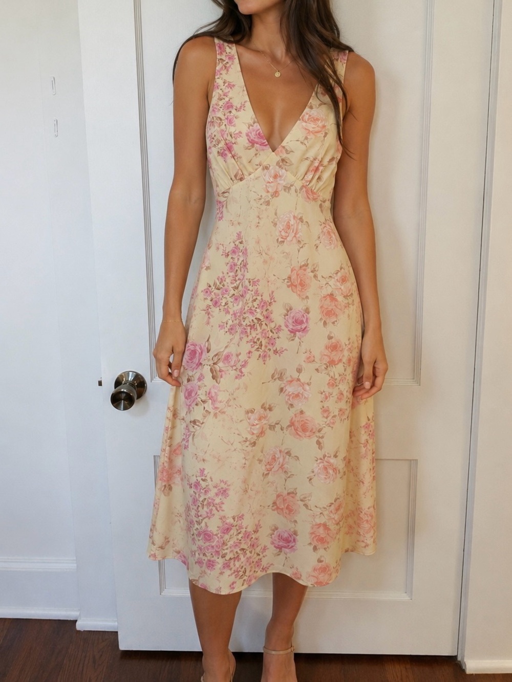 Altar'd State Cream Midi Dress with Pink Floral Print